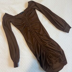 Brown Ruched Long Sleeve Bodycon Dress